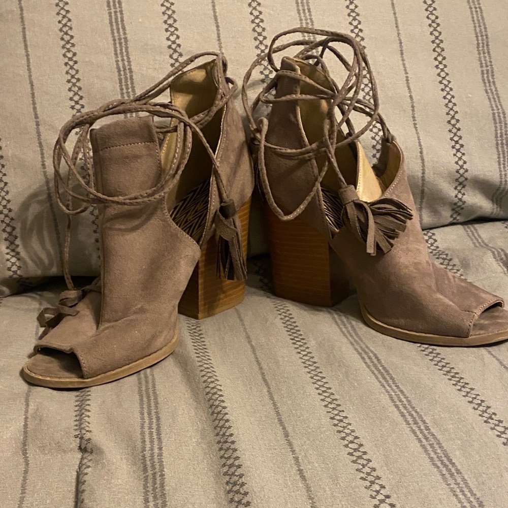 Qupid Brown Lace-Up Peep Toe Heels